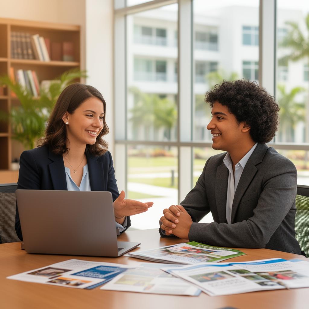 Asesora de admisiones orientando a un estudiante de Atlantis University